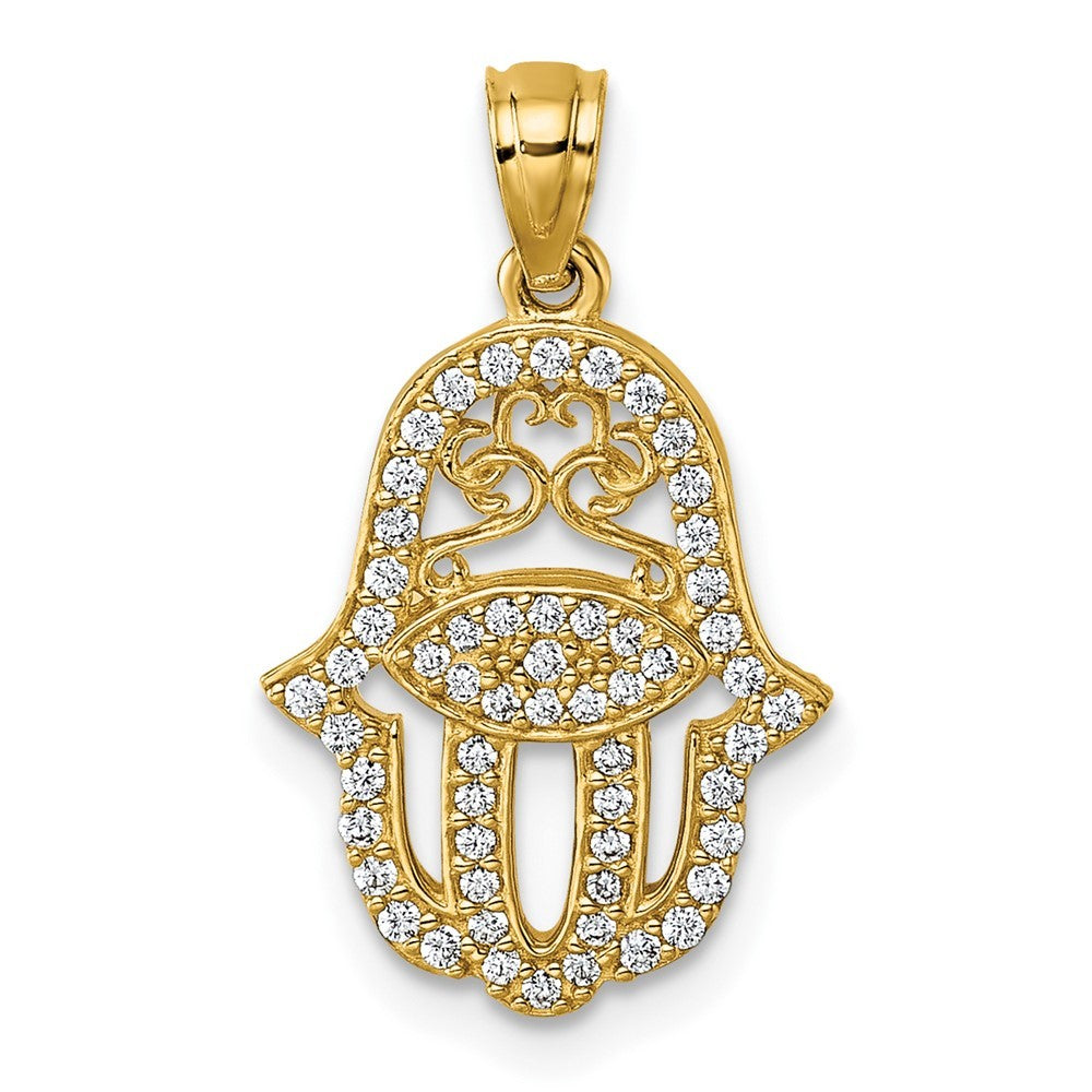 14k Yellow Gold Polished Cubic Zirconia Hamsa Pendant