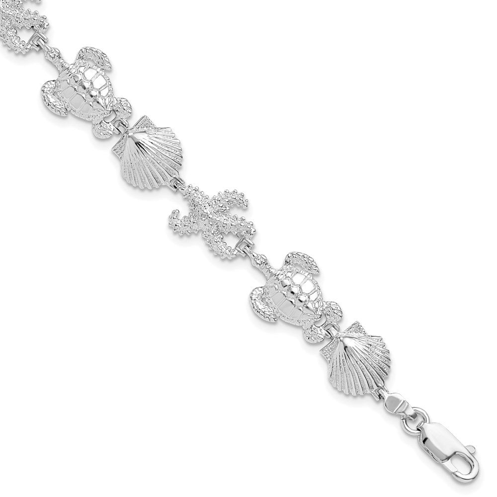 Sterling Silver Rhodium-Plated Polished Turtle / Shell / Starfish Bracelet