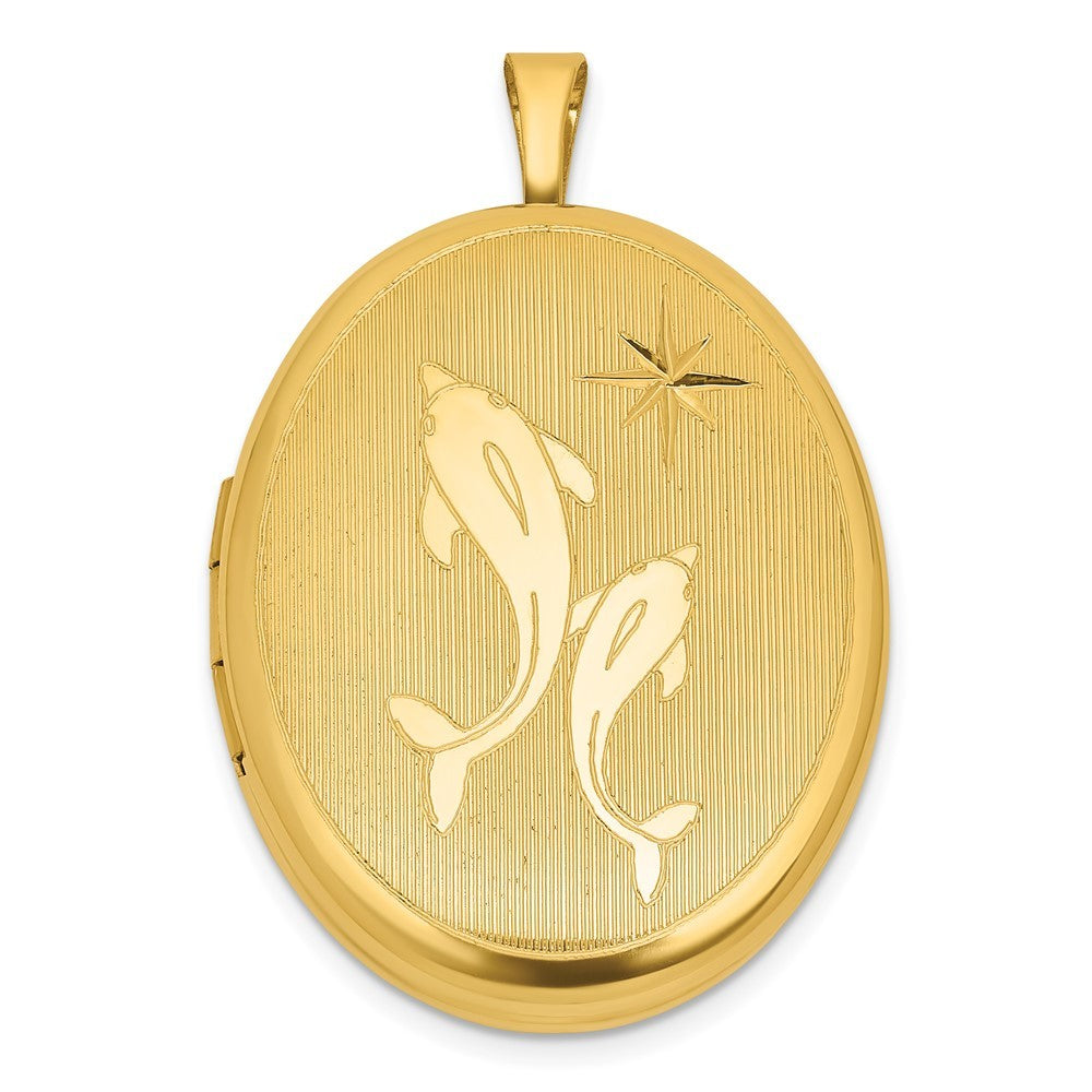 Sterling Silver Gold-plated Polished Front Brushed Back Two Dolphins Oval Locket