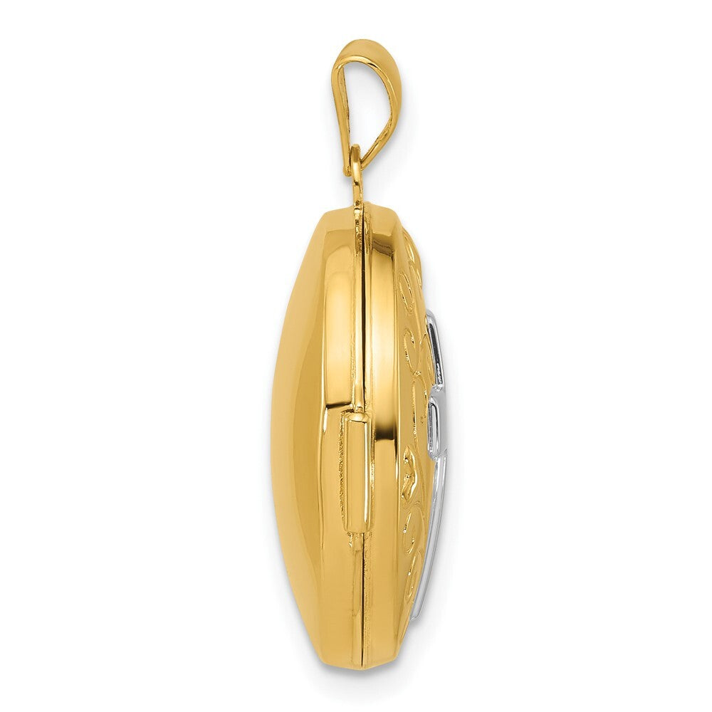 14k Yellow Gold & Rhodium Diamond Polished Cross 20mm Round Locket for Women