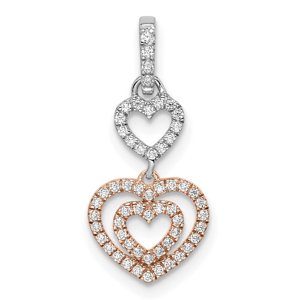 14k Two-tone Gold White and Rose Hearts Dangle Diamond Pendant