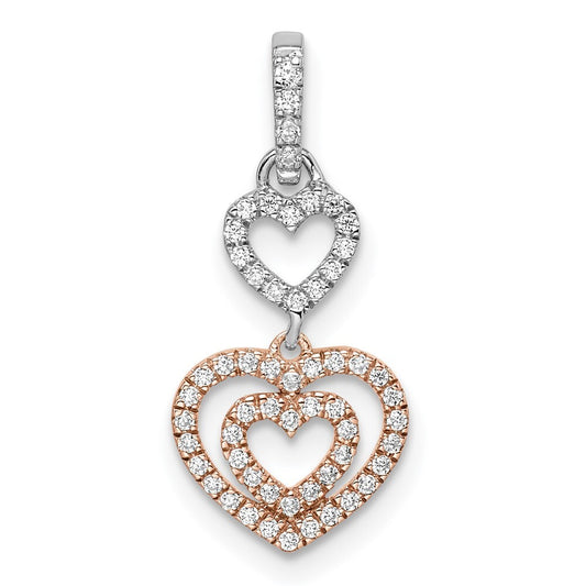 14k Two-tone Gold White and Rose Hearts Dangle Diamond Pendant