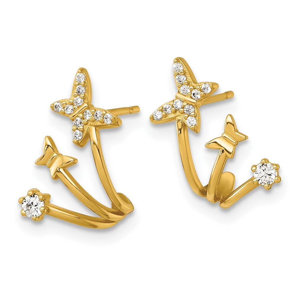 14k Yellow Gold Polished Cubic Zirconia Double Butterfly Cuff Stud Earrings
