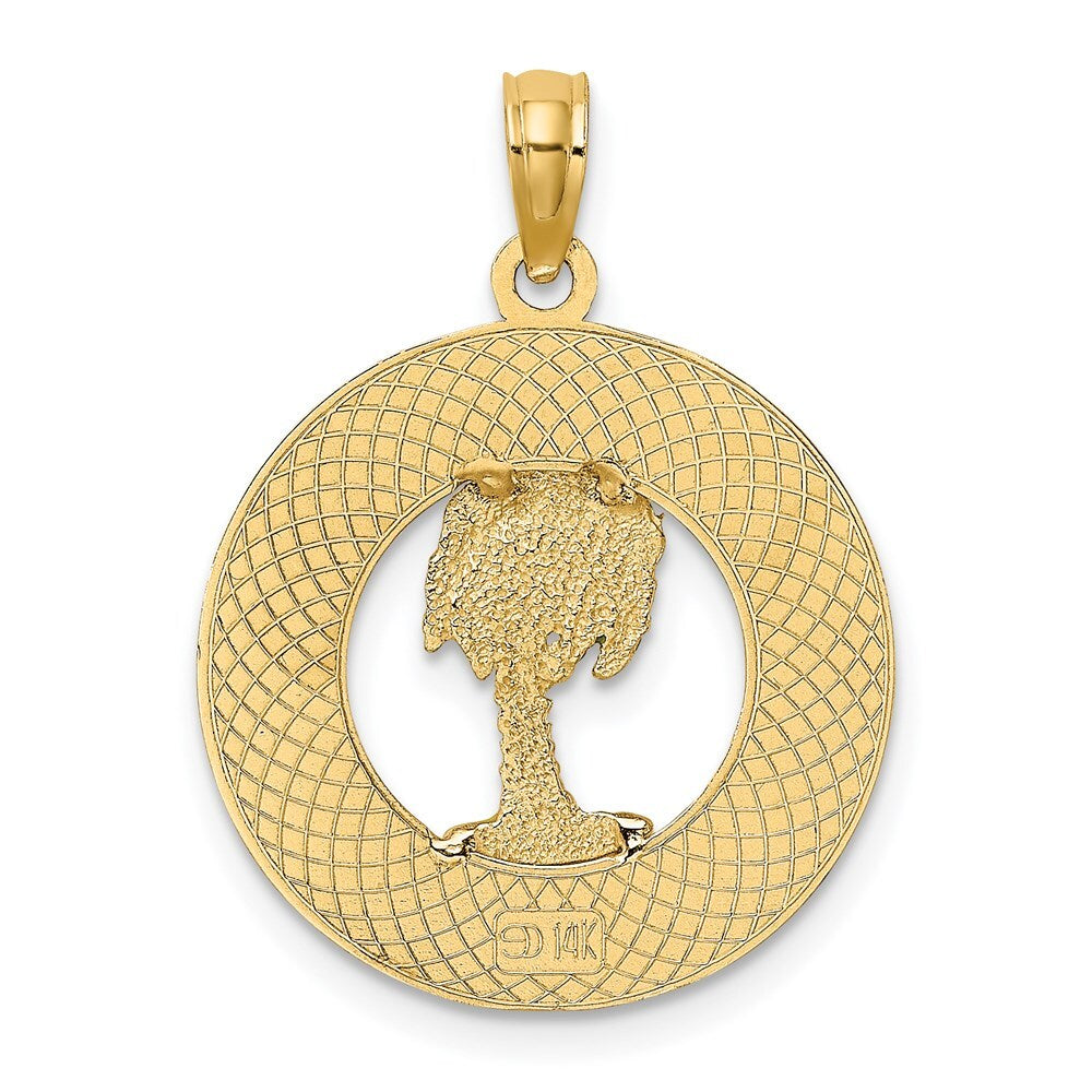 14k Yellow Gold FLORIDA Enamel Palm Tree Circle Charm Pendant for Women