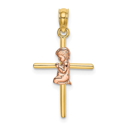 14k Two-tone Gold 2-D Boy On Cross Charm Pendant for Women
