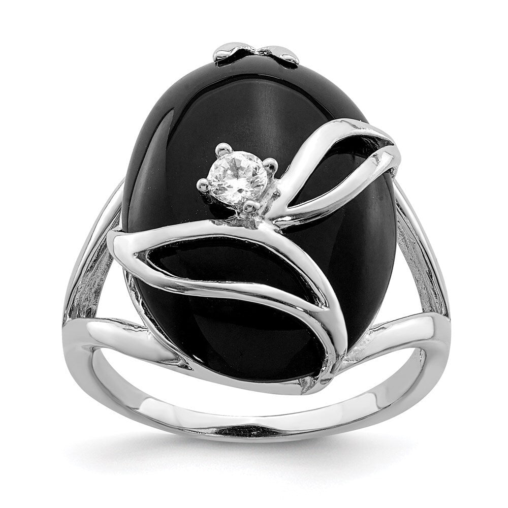 Sterling Silver Rhodium-plated Onyx and Cubic Zirconia Ring Size 7