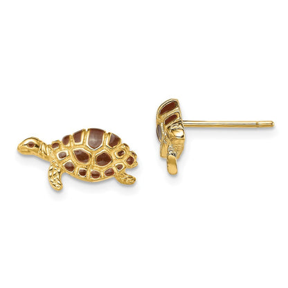 14k Yellow Gold Brown Enamel Turtle Earrings