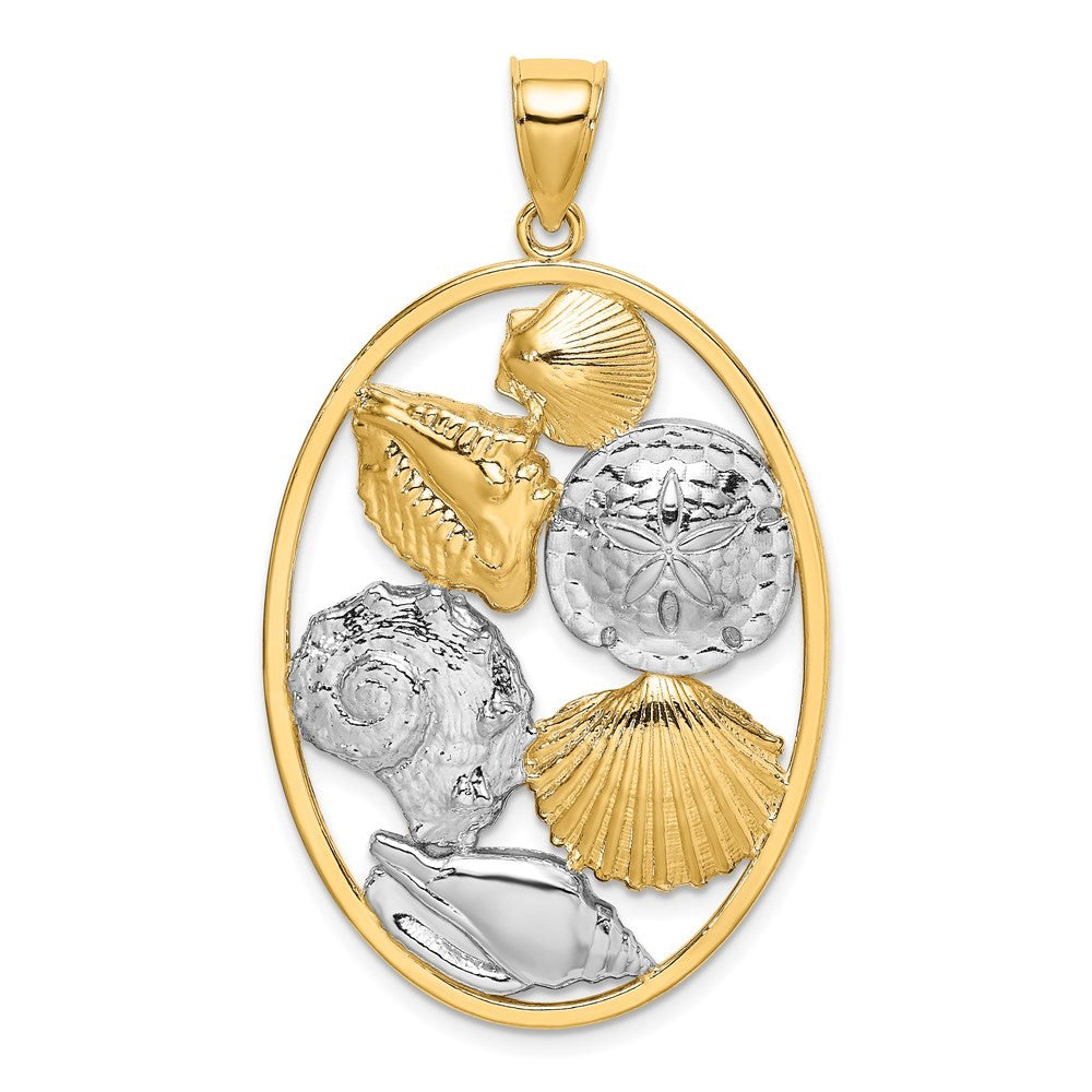 14k Yellow Gold with White Rhodium Shell Cluster In Oval Frame Charm