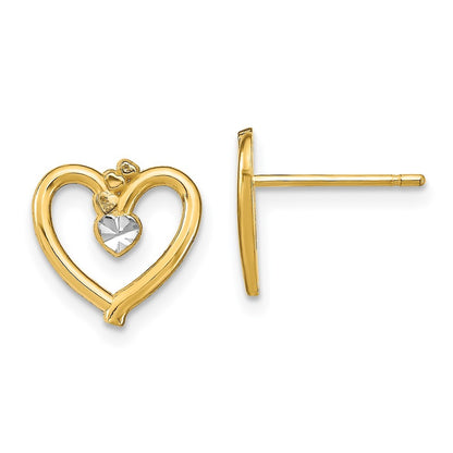 14k Yellow Gold w/ Rhodium Diamond-Cut Heart Earrings