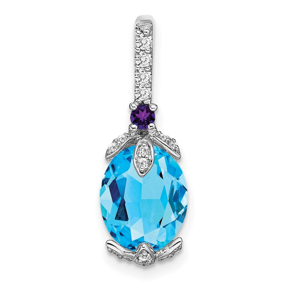 14k White Gold Oval Blue Topaz/Amethyst/Diamond Pendant for Women
