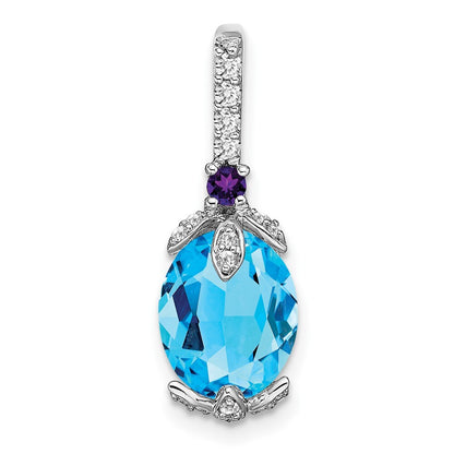 14k White Gold Oval Blue Topaz/Amethyst/Diamond Pendant for Women