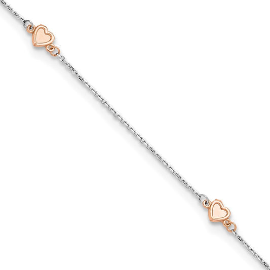 14K White and Rose Gold Satin Hearts 4-Station Anklet 10"
