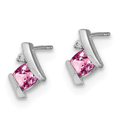 14K White Gold Cushion Cr. Pink Sapphire and Diamond Stud Earrings