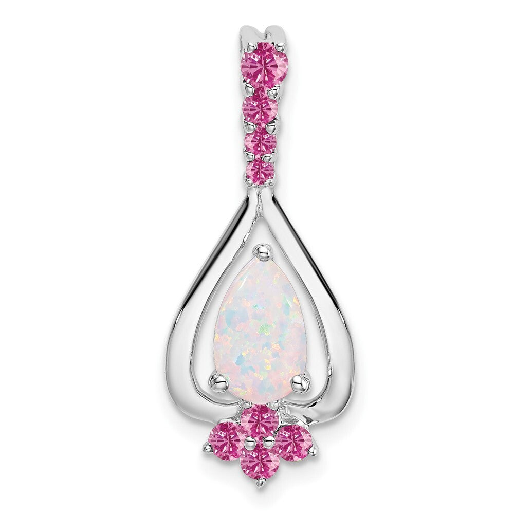 14k White Gold Pear Created Opal/Created Pink Sapphire Pendant for Women