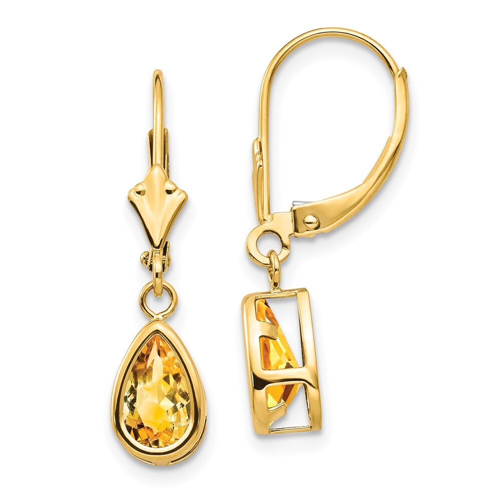 14k Yellow Gold 8x5mm Pear Citrine Dangle Earrings Leverback Gift for Women