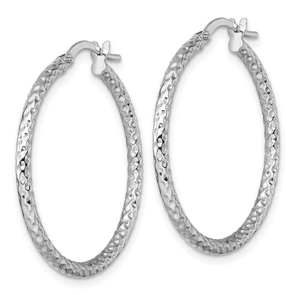 14k White Gold Polished Diamond-cut Textured 2 x 28mm Tube Hoop Earrings