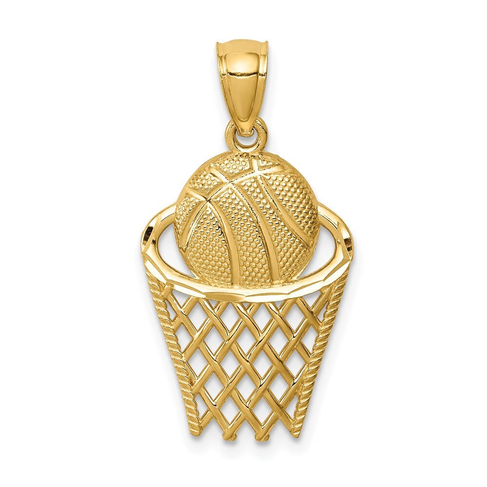 14k Yellow Gold Basketball in Hoop Pendant for Women