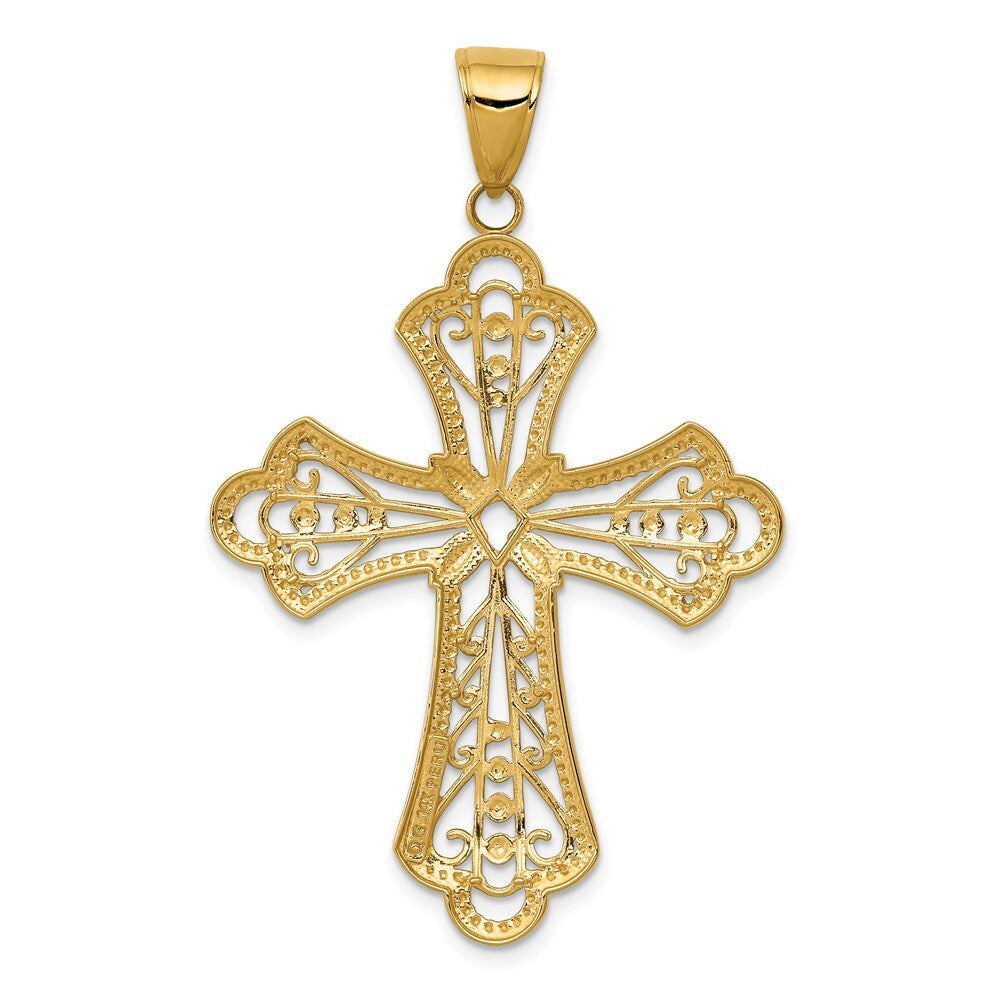 14k Yellow Gold Rhodium Diamond-cut Filigree Cut-out Cross Pendant