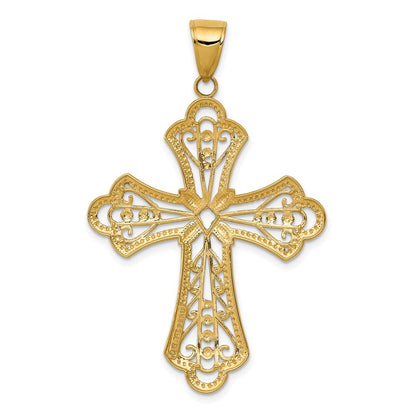 14k Yellow Gold Rhodium Diamond-cut Filigree Cut-out Cross Pendant