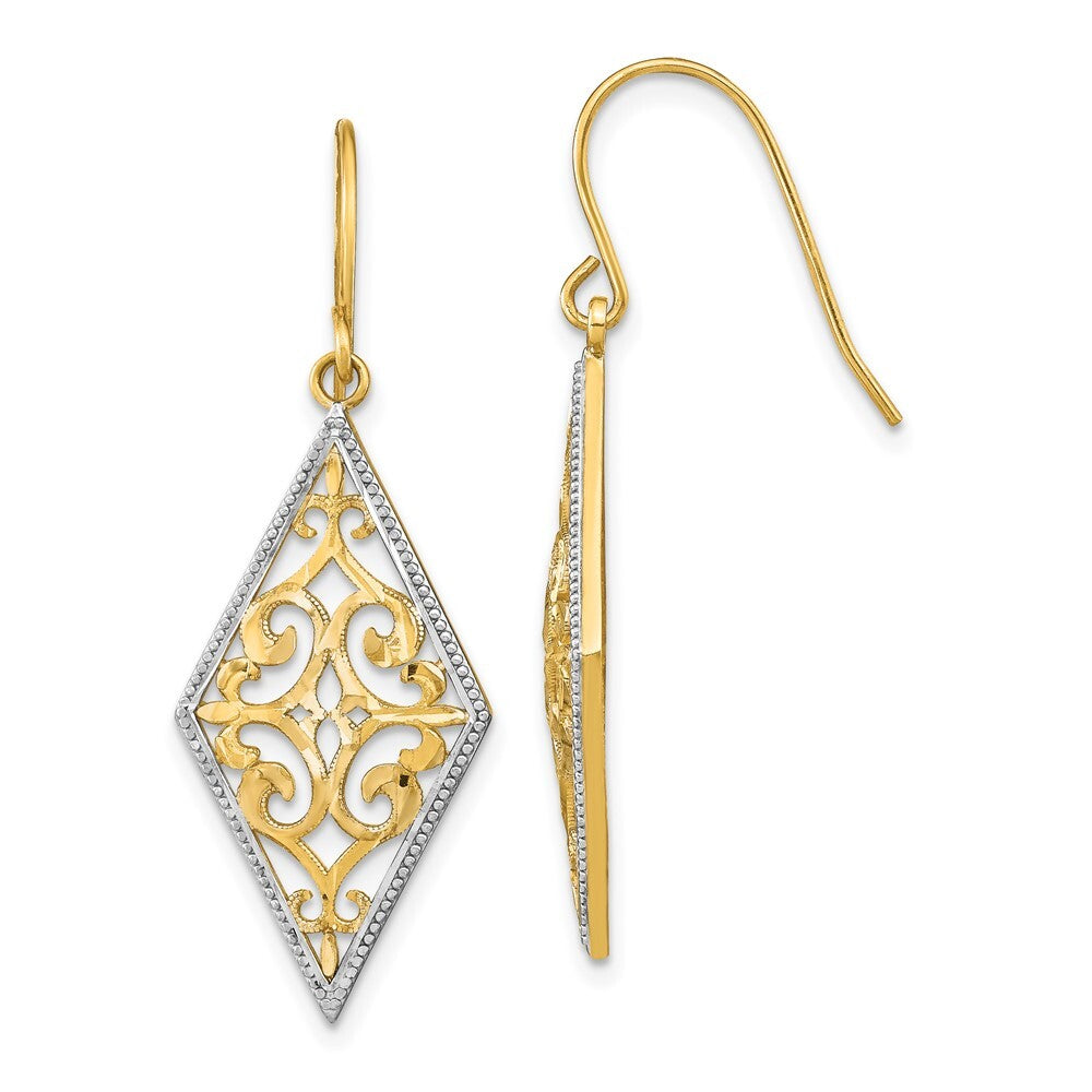 14k Yellow Gold Rhodium Diamond Shape Filigree Dangle Earrings