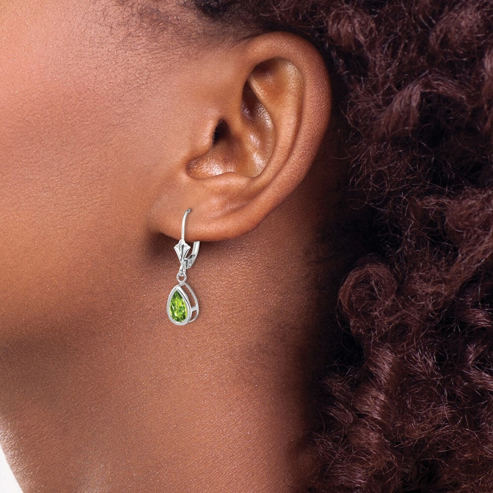 14k White Gold 8x5mm Pear Peridot Leverback Earrings Gift for Women