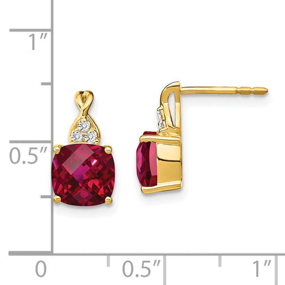 14k Yellow Gold Checkerboard Created Ruby and Diamond Drop & Dangle Earrings