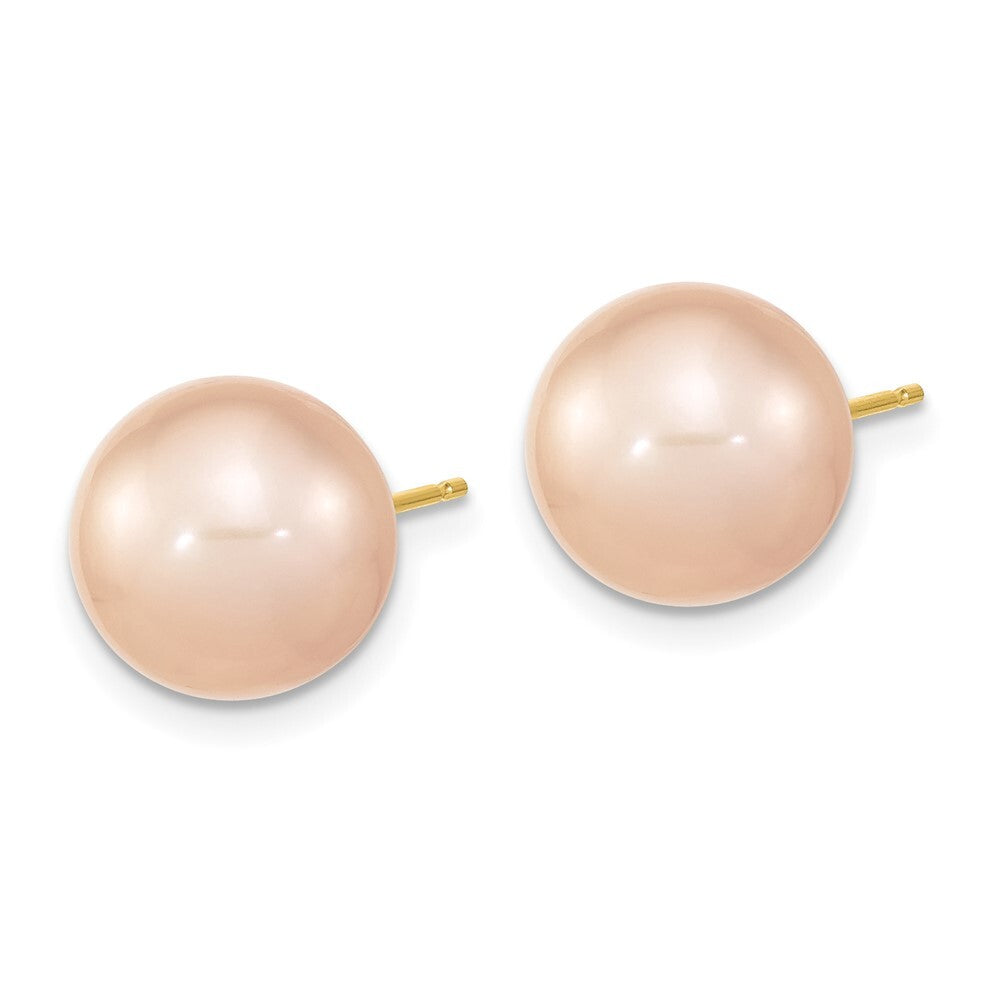 14k Yellow Gold 10-11mm Pink Round Freshwater Cultured Pearl Stud Earrings