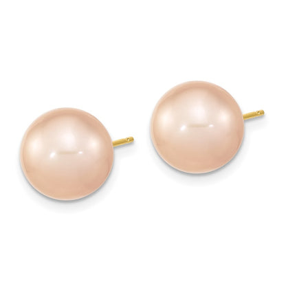 14k Yellow Gold 10-11mm Pink Round Freshwater Cultured Pearl Stud Earrings