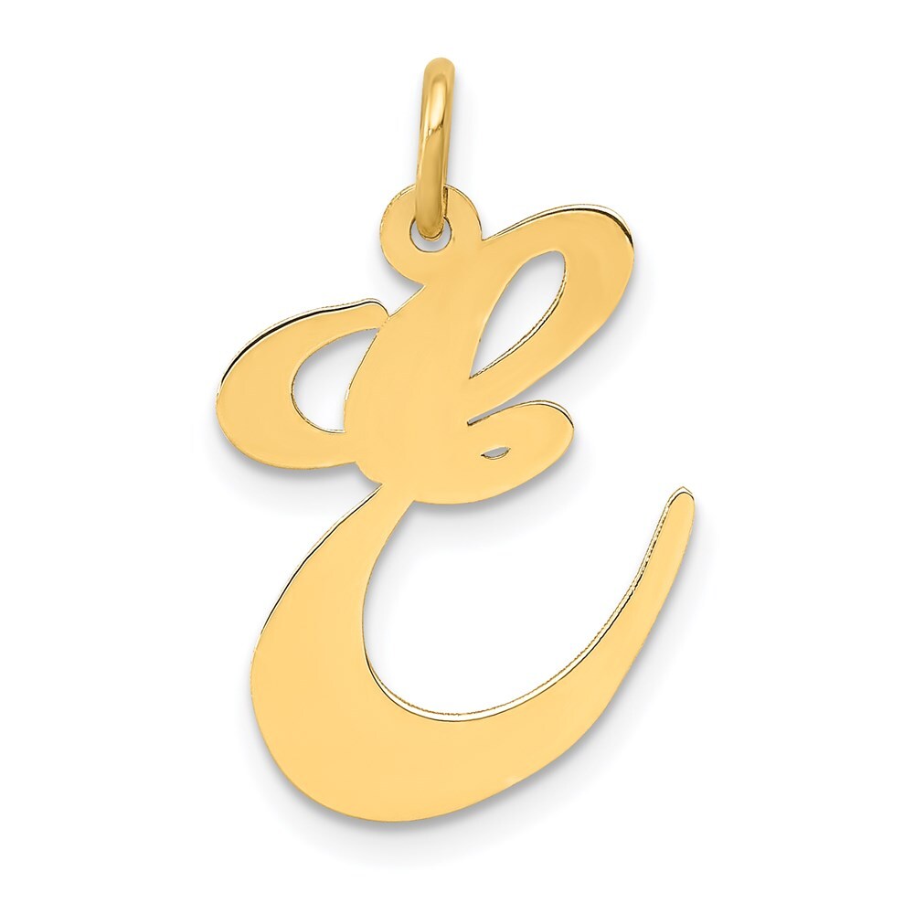 14k Yellow Gold Large Fancy Script Letter E Initial Charm Pendant for Women
