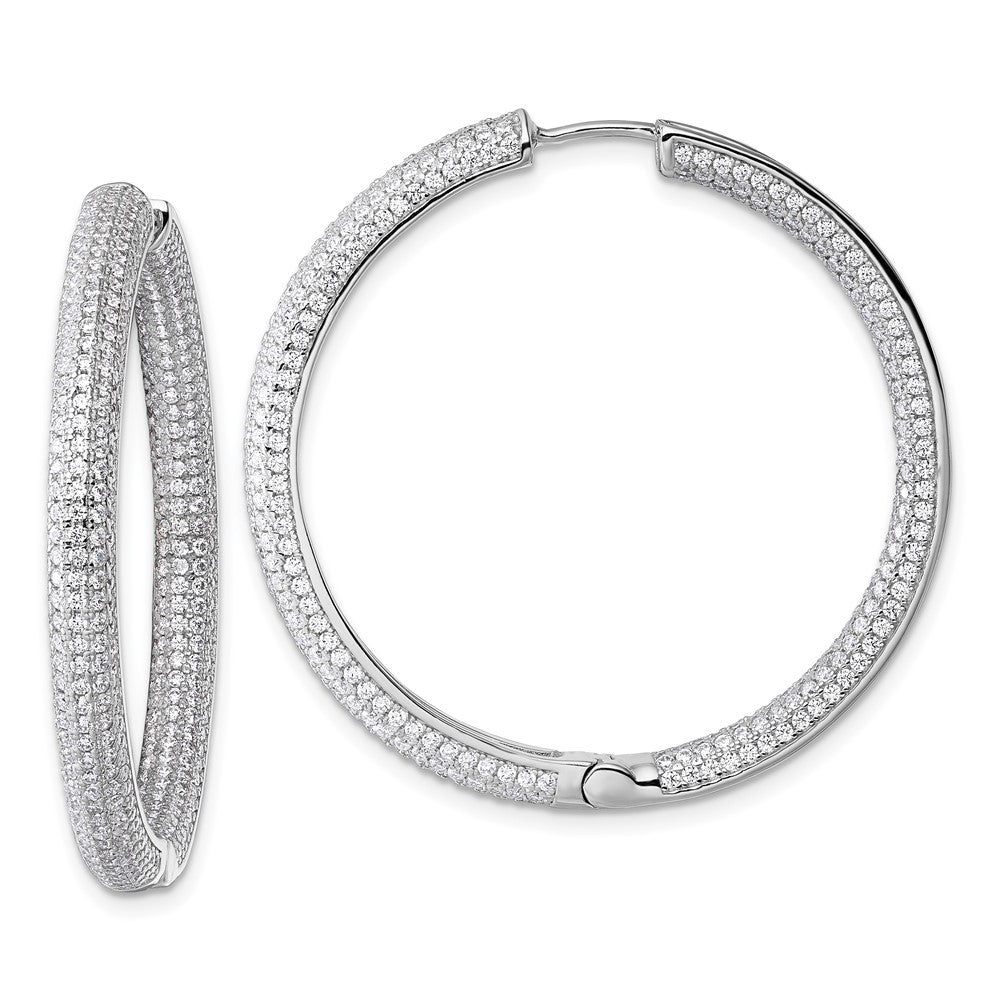 Sterling Silver In and Out CZ Pave 3.7 x 39mm Hinged Hoop Earrings