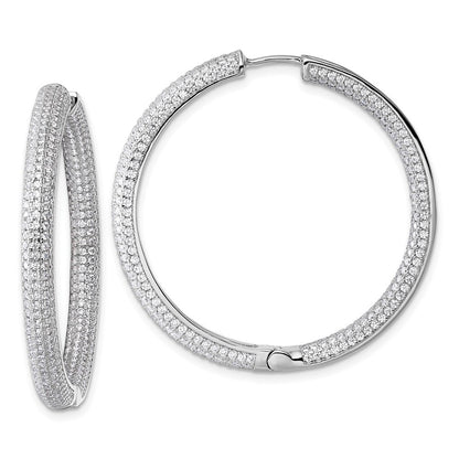 Sterling Silver In and Out CZ Pave 3.7 x 39mm Hinged Hoop Earrings
