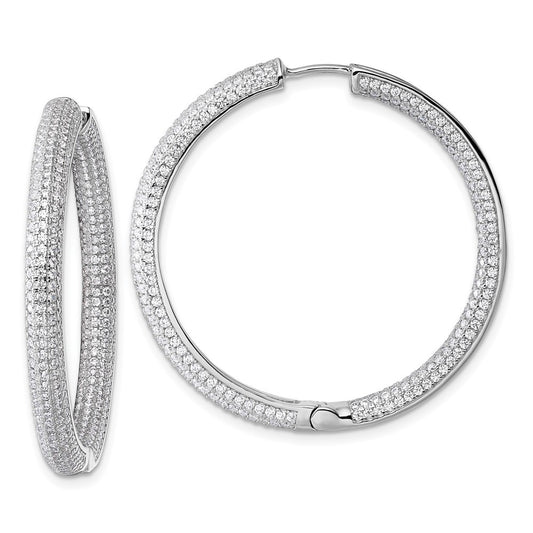 Sterling Silver In and Out CZ Pave 3.7 x 39mm Hinged Hoop Earrings