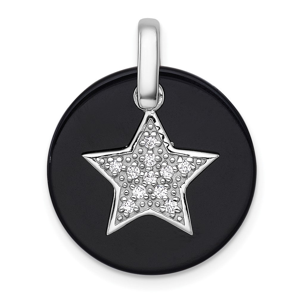 Sterling Silver Polished Onyx Circle with Cubic Zirconia Star Dangle Pendant