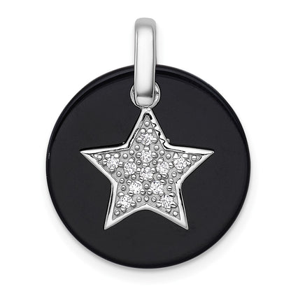 Sterling Silver Polished Onyx Circle with Cubic Zirconia Star Dangle Pendant