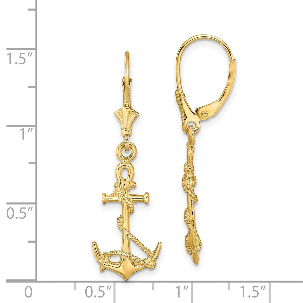 14k Yellow Gold 3-D Anchor W/ Shackle and Entwined Rope Drop Dangle Earrings
