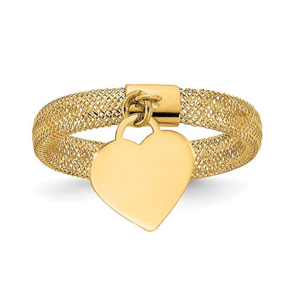 14K Yellow Gold Gold Woven Mesh Stretch Polished Heart Charm Ring