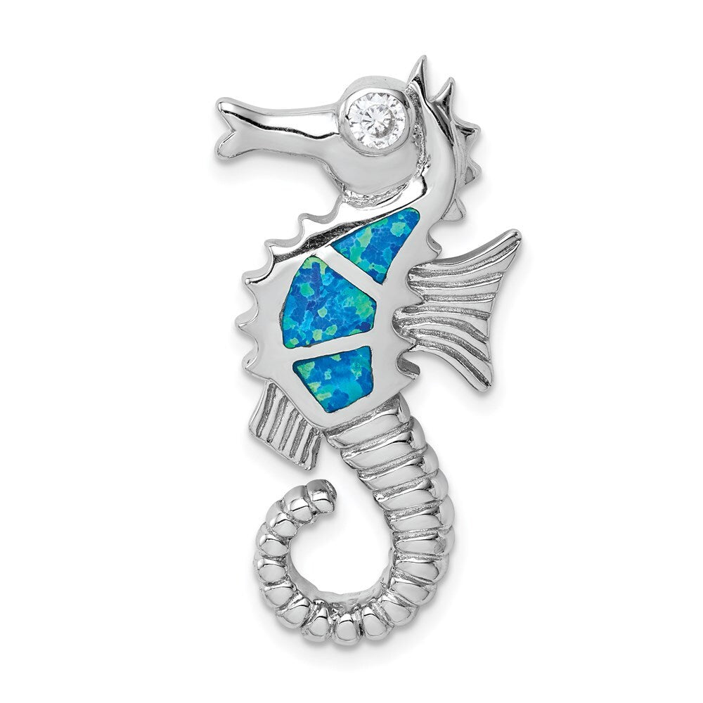 Sterling Silver Polished Created Opal and Cubic Zirconia Seahorse Chain Slide