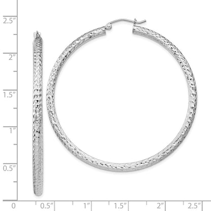 Sterling Silver Rhodium-plated Diamond-cut 3x55mm Hoop Earrings