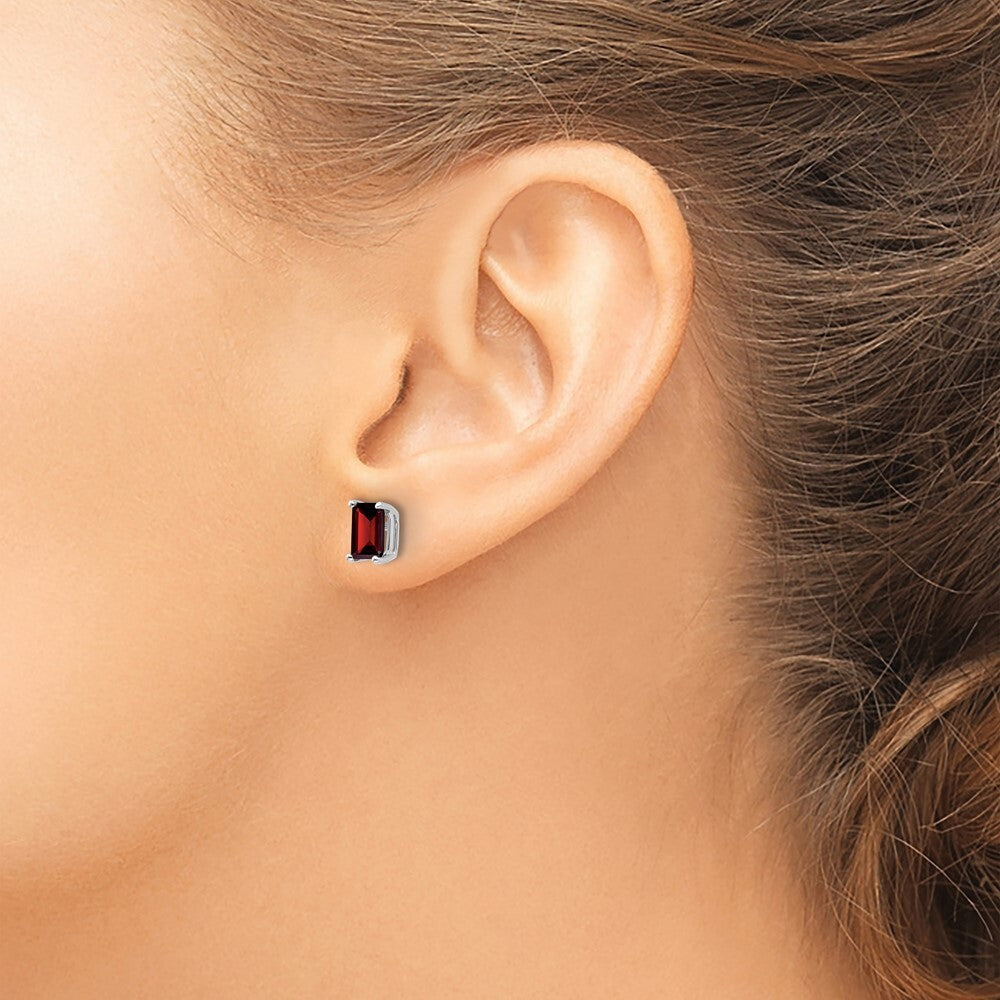 14k White Gold 6x4mm Emerald Cut Garnet Stud Earrings Gift for Women
