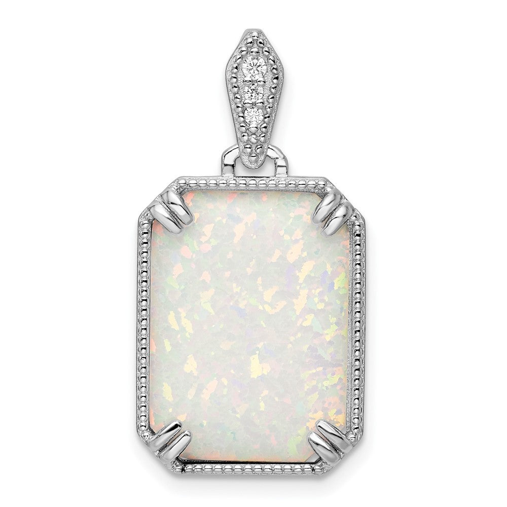 Sterling Silver White Created Opal & Cubic Zirconia Beaded Border Pendant
