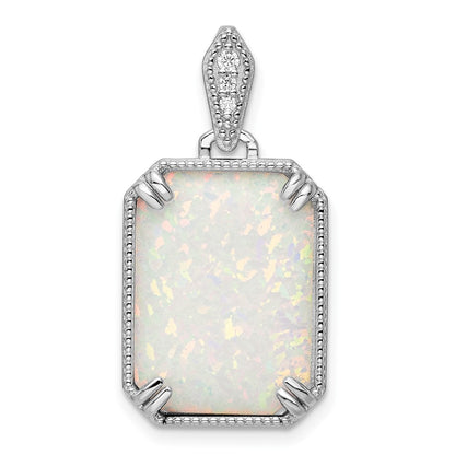 Sterling Silver White Created Opal & Cubic Zirconia Beaded Border Pendant