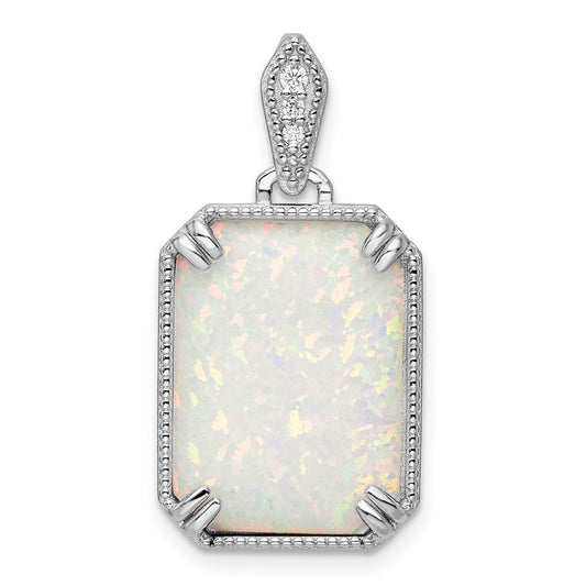 Sterling Silver White Created Opal & Cubic Zirconia Beaded Border Pendant