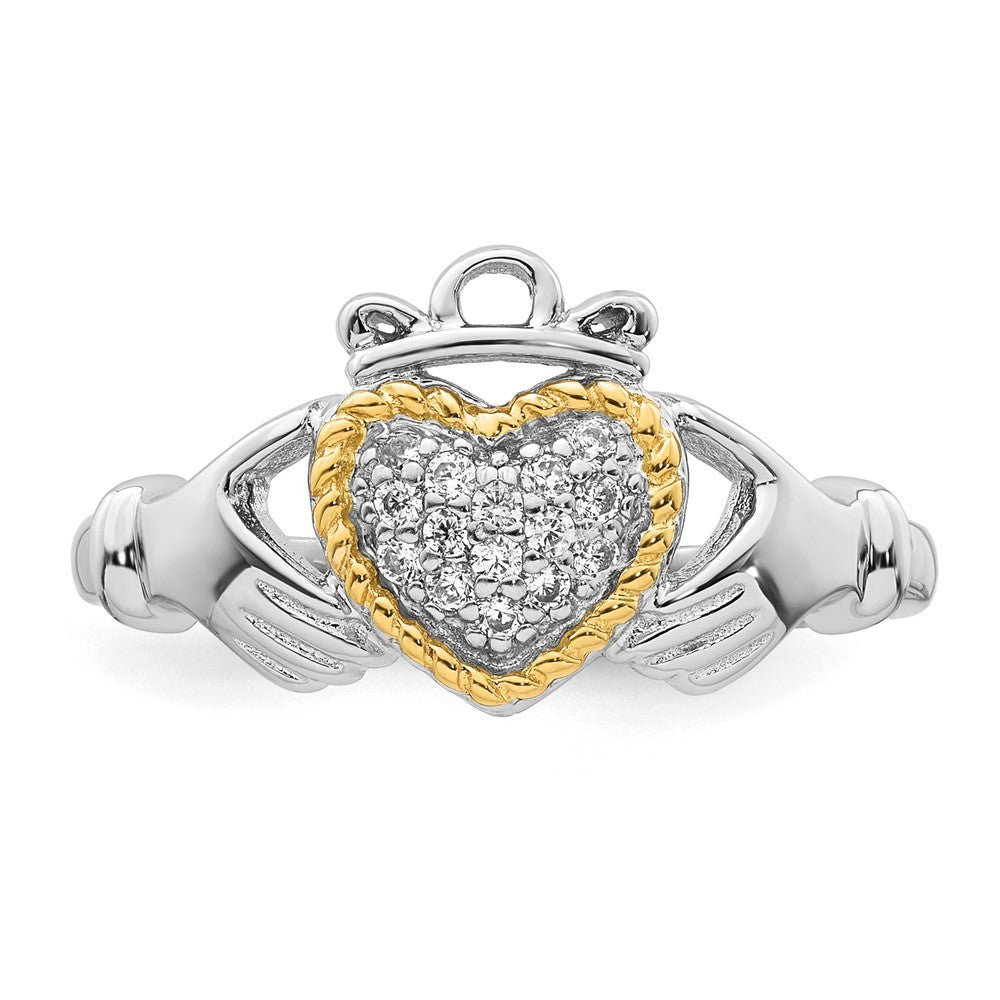 Sterling Silver Rhodium-plated with 14k Accent Polished CZ Size 7 Claddagh Ring