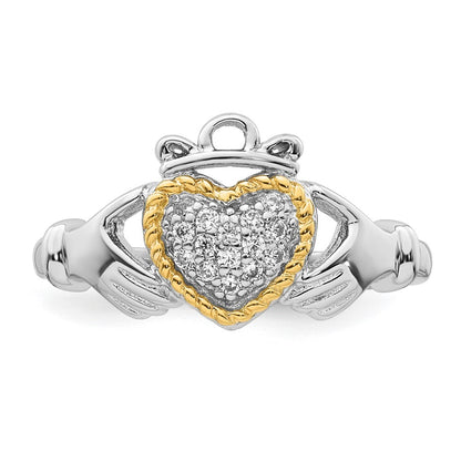 Sterling Silver Rhodium-plated with 14k Accent Polished CZ Size 7 Claddagh Ring