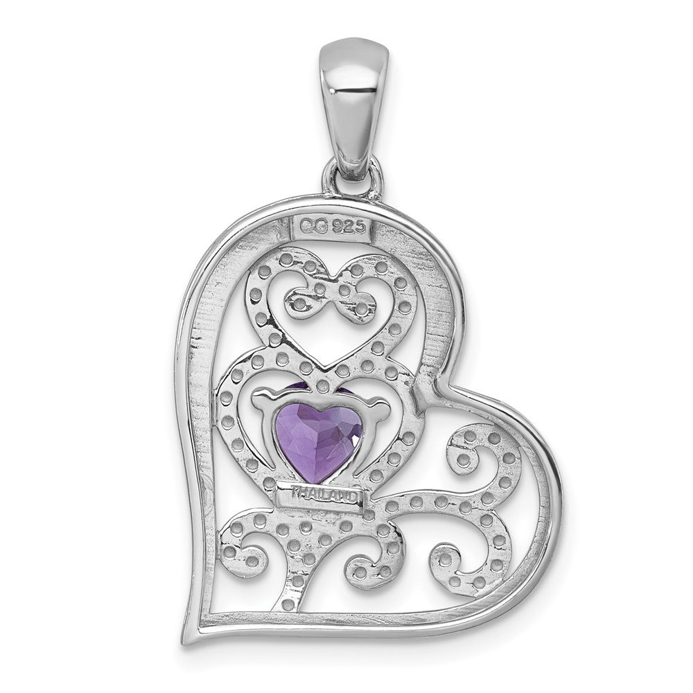 Sterling Silver Polished and Beaded Amethyst Filigree Heart Pendant