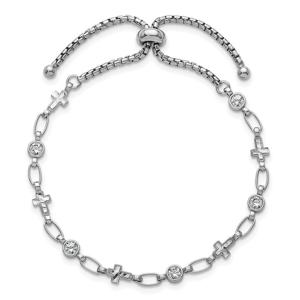 Sterling Silver Rhodium-plated  Round CZ and Cross Adjustable Bolo Bracelet