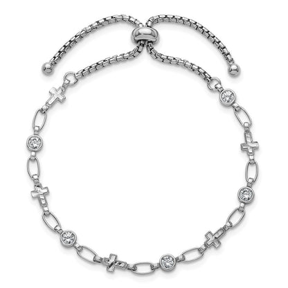 Sterling Silver Rhodium-plated  Round CZ and Cross Adjustable Bolo Bracelet