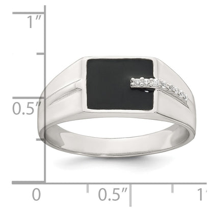 Sterling Silver Polished Black Enamel CZ Men's Signet Ring Size 11