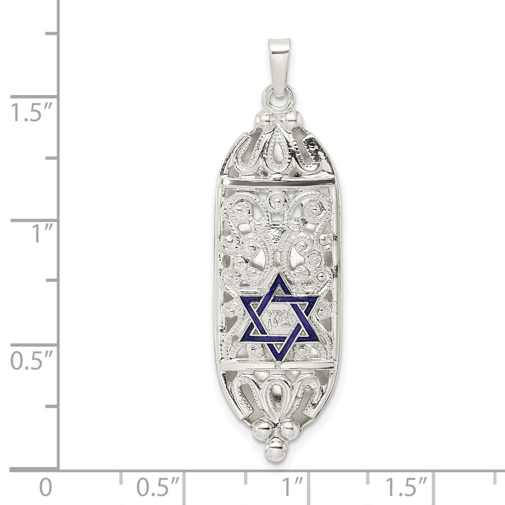 Sterling Silver Polished Solid Mezuzah w Enameled Star of David Pendant