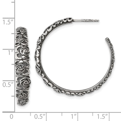 Sterling Silver Antiqued Graduated Floral Post Hoop Earrings